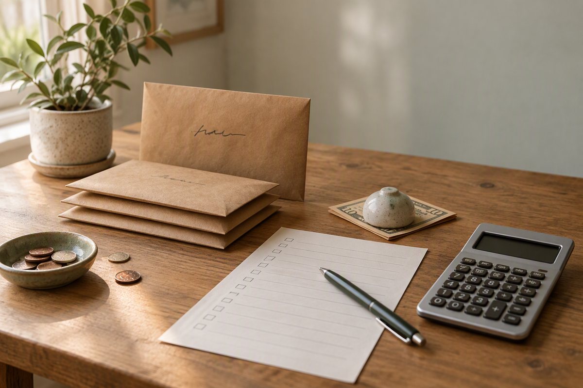 Kraft envelopes, a ruled sheet with blank rows and checkboxes, a small calculator and a pen on a wooden desk in window light