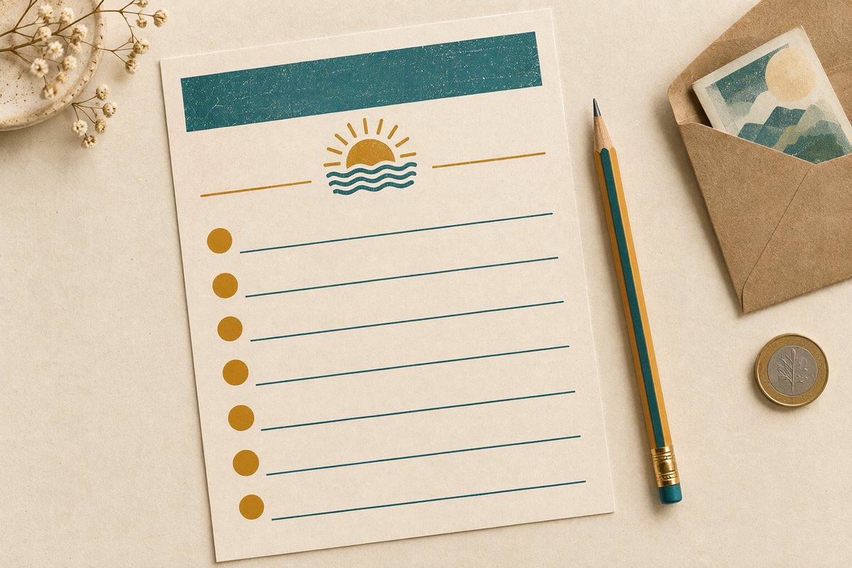 A printed one-week savings sheet with seven ruled lines beside a pencil, a kraft envelope and a coin on a cream desk